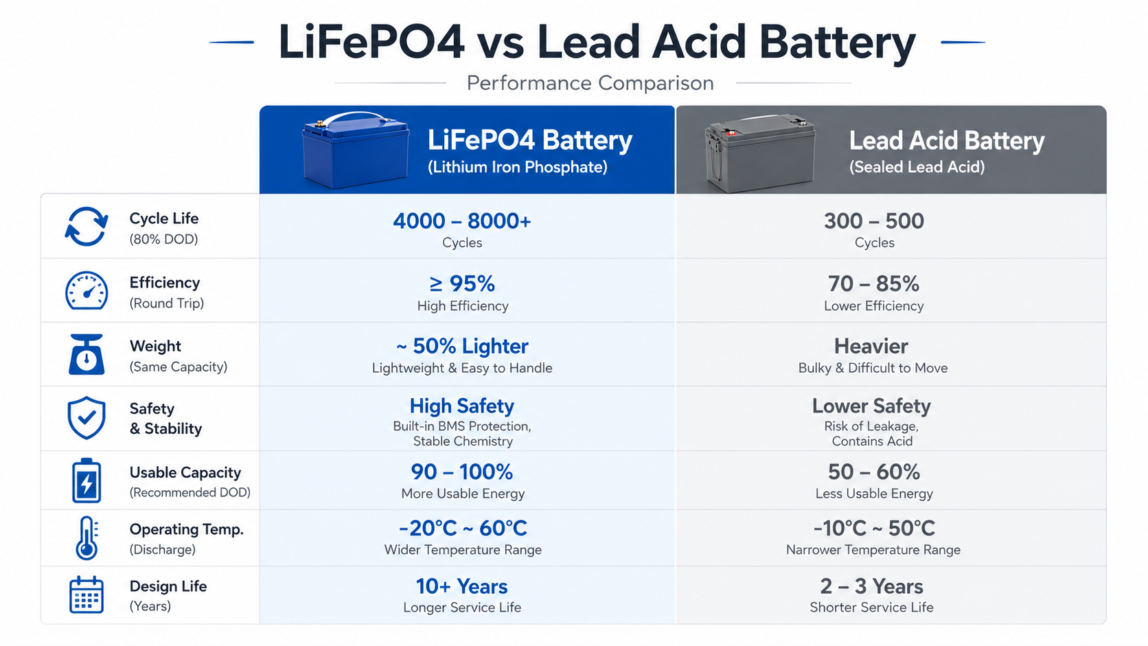 LiFePO4 vs Lead Acid cycle life comparison chart